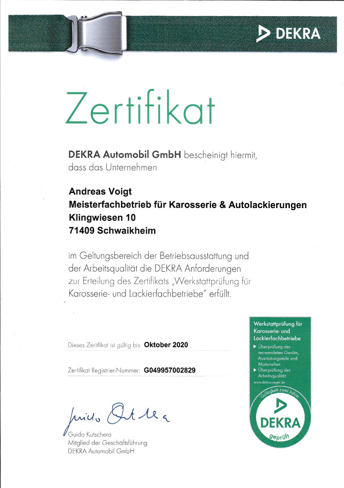 DEKRA Zertifikat für geprüfte Betriebsausstattung und Arbeitsqualität